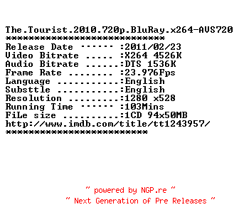 NFO for the release The.Tourist.2010.720p.BluRay.x264-AVS720 by AVS720