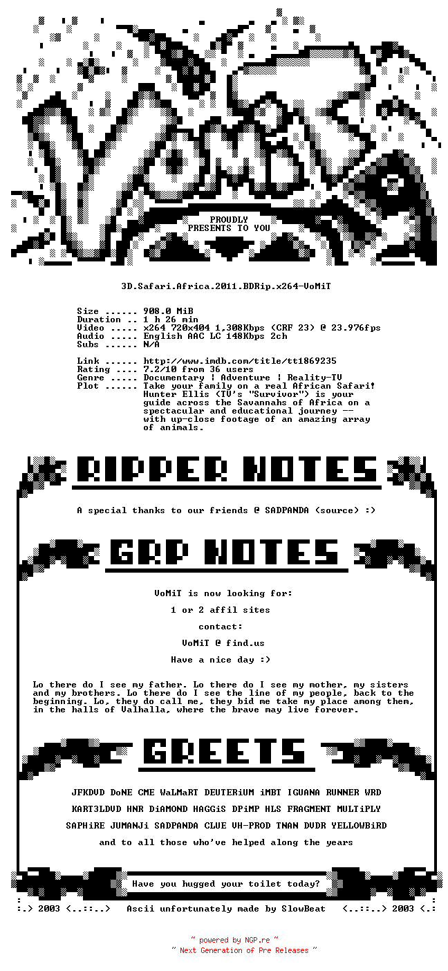NFO for the release 3D.Safari.Africa.2011.BDRip.x264-VoMiT by VoMiT