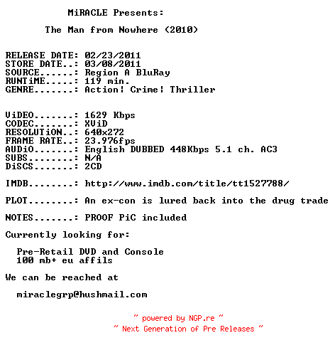 NFO for the release The.Man.From.Nowhere.DUBBED.BDRip.XviD-MiRACLE by MiRACLE