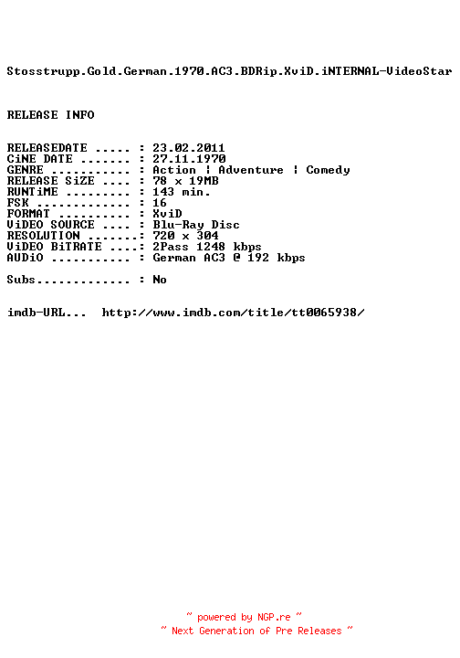 NFO for the release Stosstrupp.Gold.German.1970.AC3.BDRip.XviD.iNTERNAL-VideoStar by VideoStar