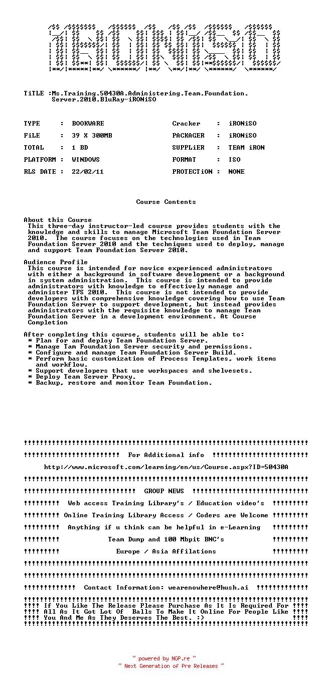 NFO for the release Ms.Training.50430A.Administering.Team.Foundation.Server.2010.BluRay-iRONiSO by iRONiSO
