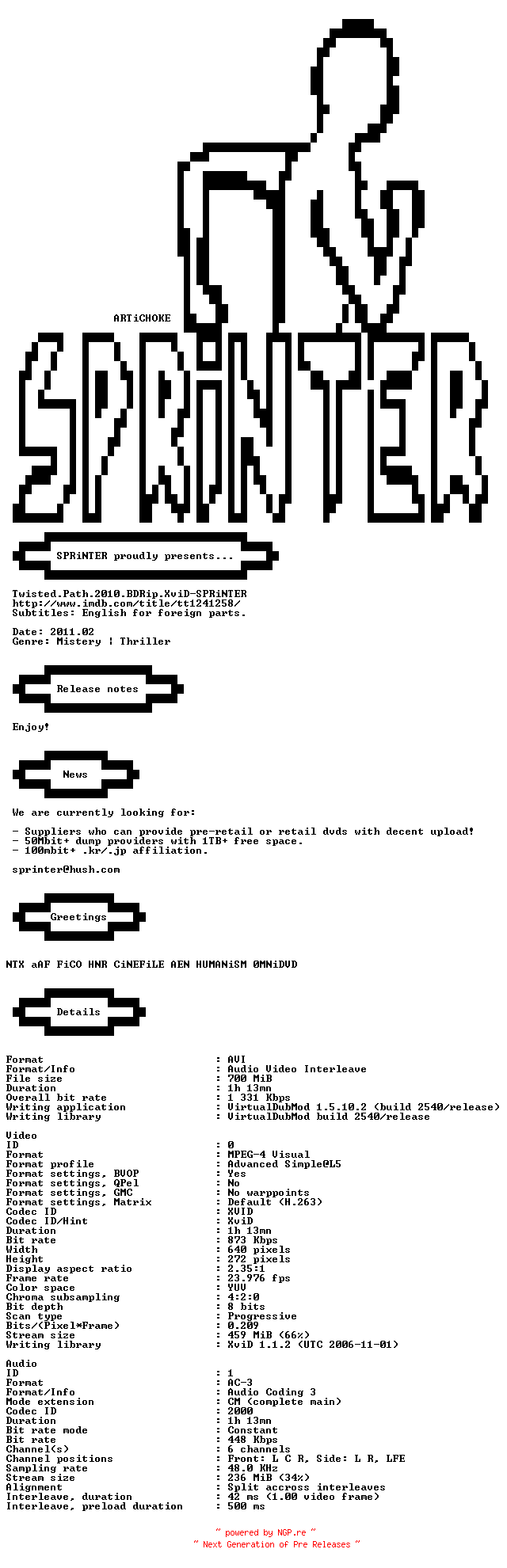 NFO for the release Twisted.Path.2010.BDRip.XviD-SPRiNTER by SPRiNTER