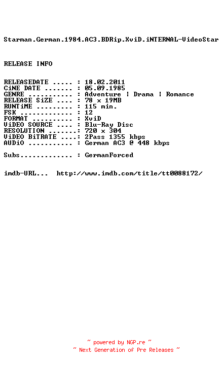 NFO for the release Starman.German.1984.AC3.BDRip.XviD.iNTERNAL-VideoStar by VideoStar