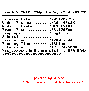 NFO for the release Psych.9.2010.720p.BluRay.x264-AVS720 by AVS720