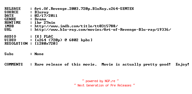NFO for the release Art.Of.Revenge.2003.720p.BluRay.x264-SEMTEX by SEMTEX