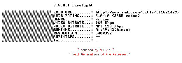 NFO for the release S.W.A.T.Firefight.2011.STV.FRENCH.BDRiP.XViD-THENiGHTMARE by THENiGHTMARE