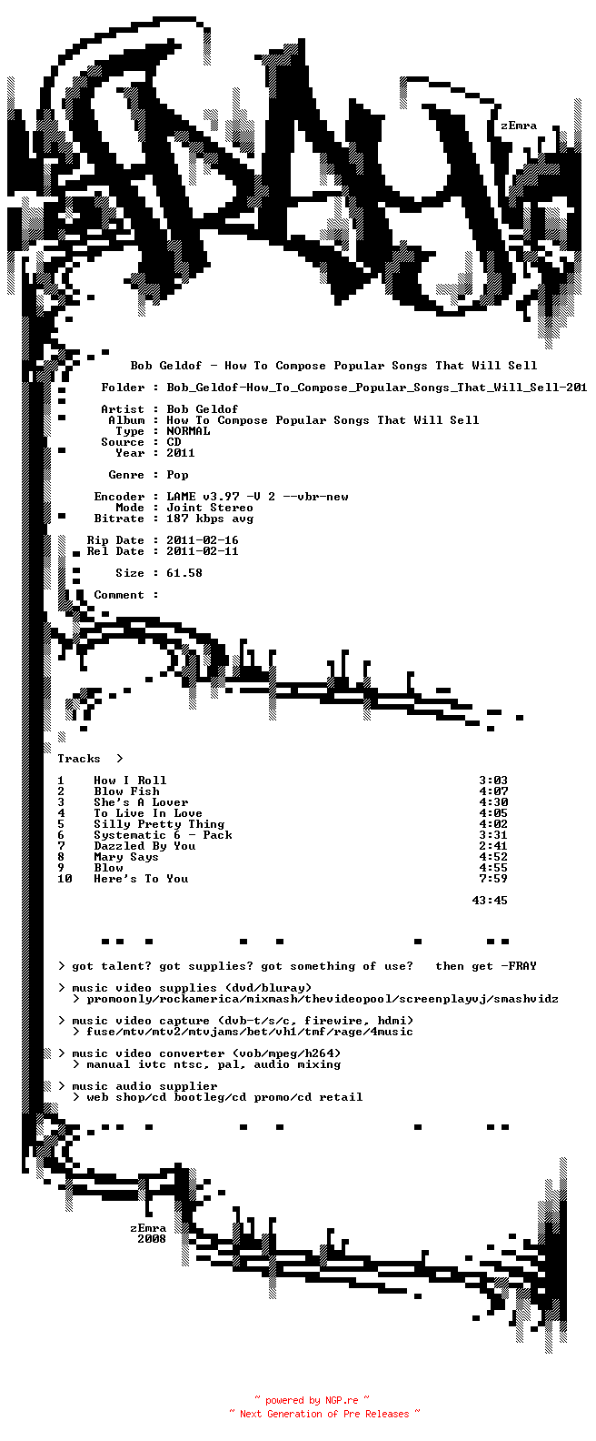 NFO for the release Bob_Geldof-How_To_Compose_Popular_Songs_That_Will_Sell-2011-FRAY by FRAY