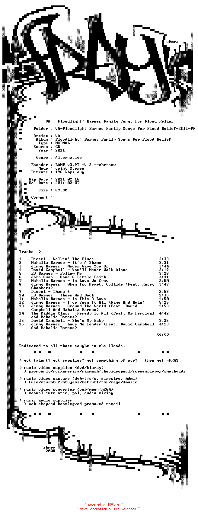 NFO for the release VA-Floodlight_Barnes_Family_Songs_For_Flood_Relief-2011-FRAY by FRAY
