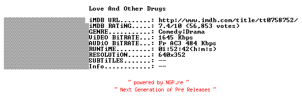 NFO for the release Love.And.Other.Drugs.FRENCH.BDRiP.XViD-THENiGHTMARE by THENiGHTMARE