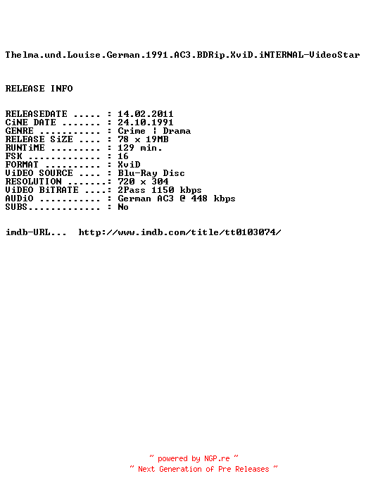 NFO for the release Thelma.und.Louise.German.1991.AC3.BDRip.XviD.iNTERNAL-VideoStar by VideoStar