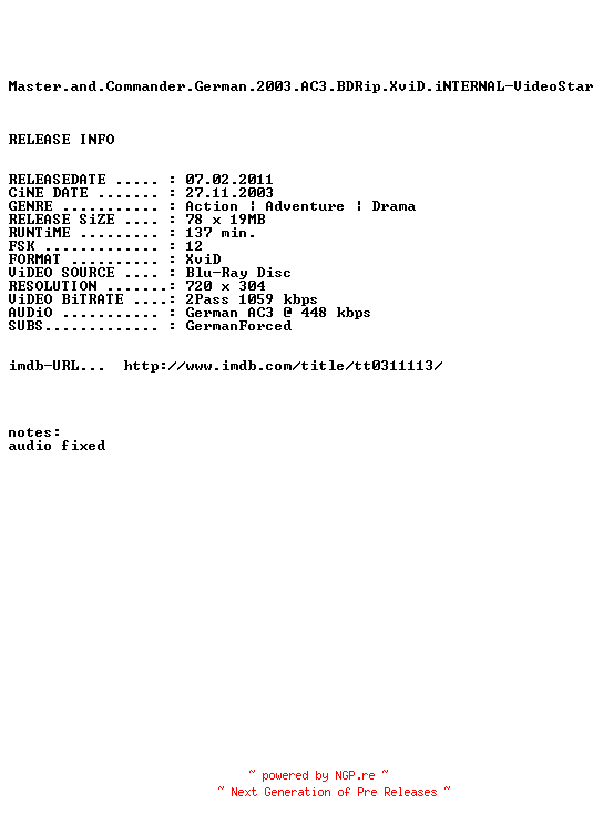 NFO for the release Master.and.Commander.German.2003.AC3.BDRip.REPACK.XviD.iNTERNAL-VideoStar by VideoStar