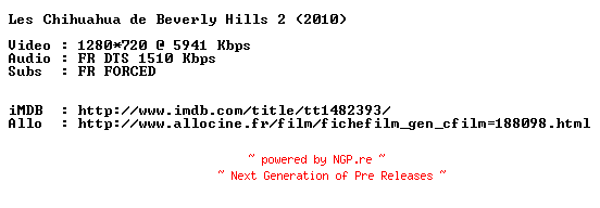 NFO for the release Beverly.Hills.Chihuahua.2.STV.FRENCH.720p.BluRay.x264-MAGiCAL by MAGiCAL