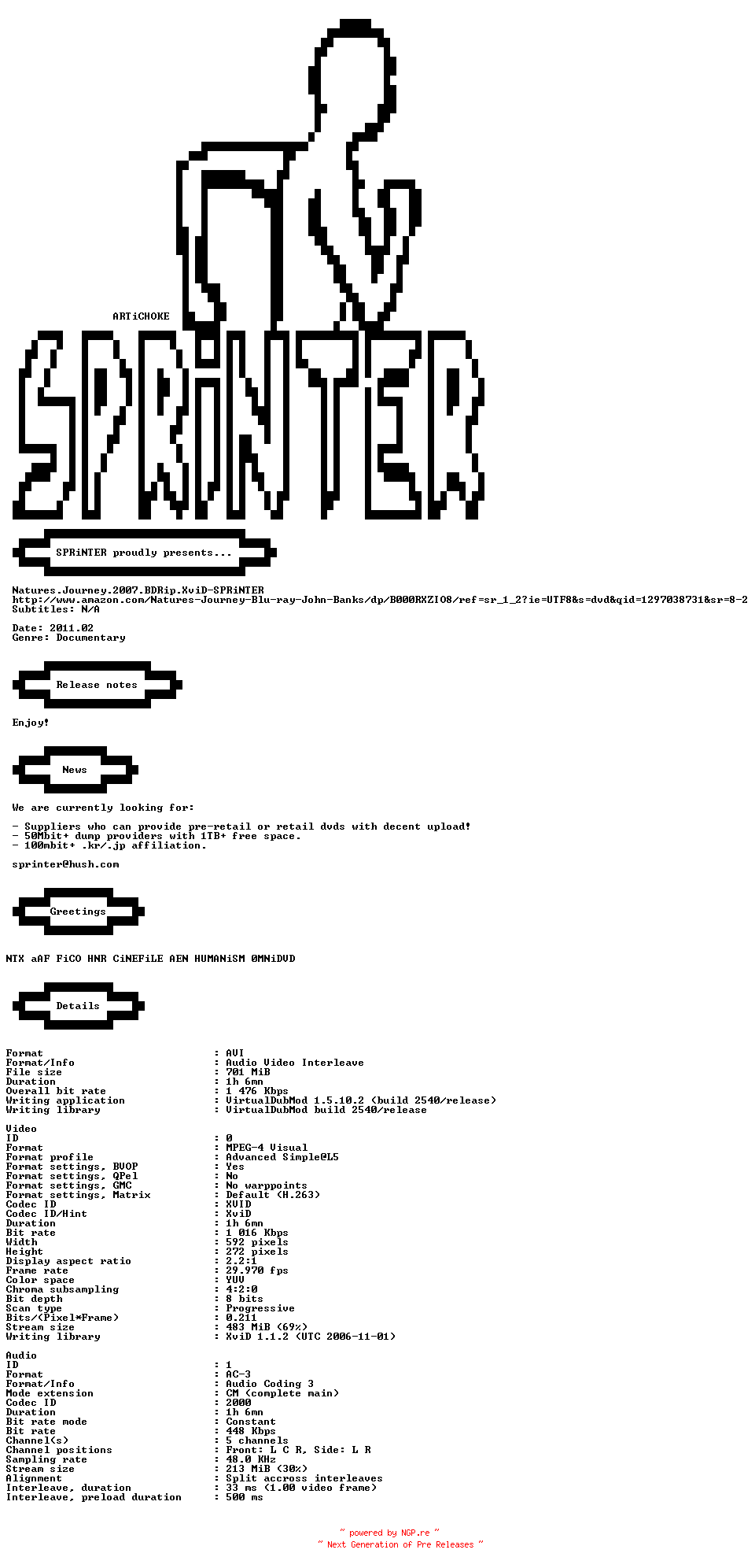 NFO for the release Natures.Journey.2007.BDRip.XviD-SPRiNTER by SPRiNTER