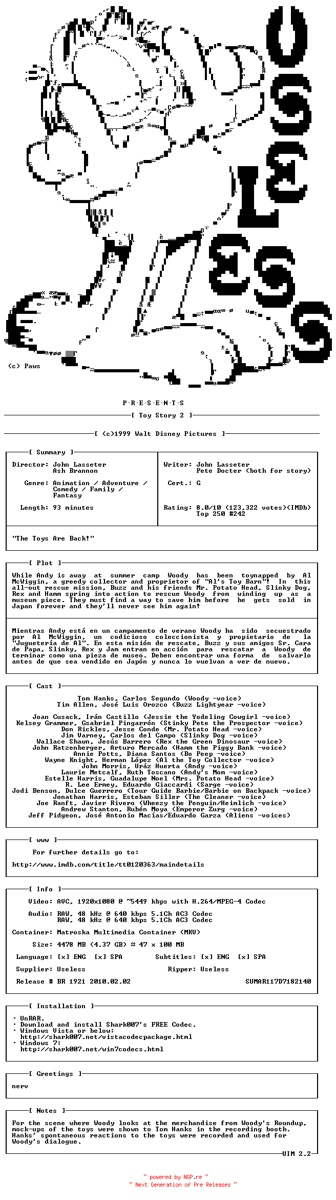 NFO for the release Toy.Story.2.BDRip.x264.1999.SP-USL by USL