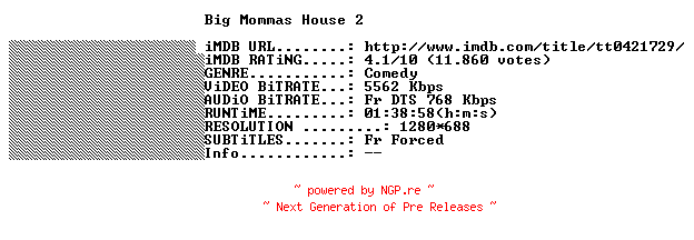 NFO for the release Big.Mommas.House.2.2006.FRENCH.720p.BluRay.x264-THENiGHTMAREiNHD by THENiGHTMAREiNHD