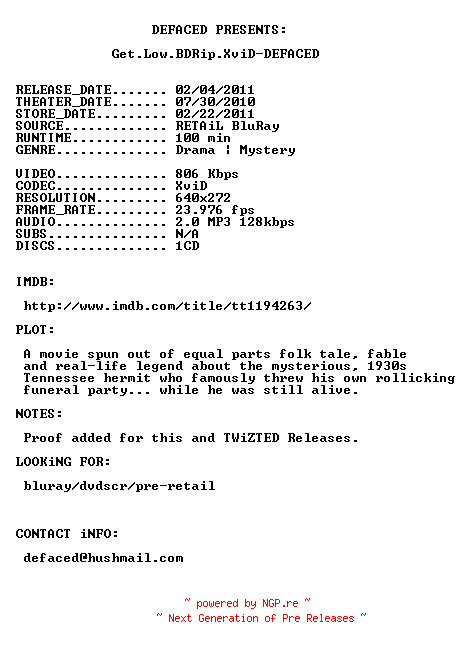 NFO for the release Get.Low.BDRip.XviD-DEFACED by DEFACED