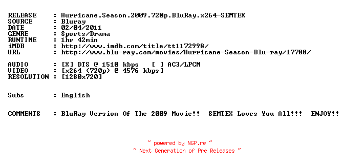 NFO for the release Hurricane.Season.2009.720p.BluRay.x264-SEMTEX by SEMTEX