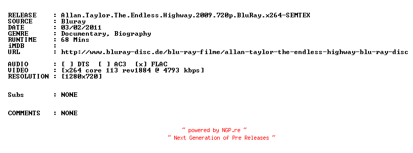 NFO for the release Allan.Taylor.The.Endless.Highway.2009.720p.BluRay.x264-SEMTEX by SEMTEX