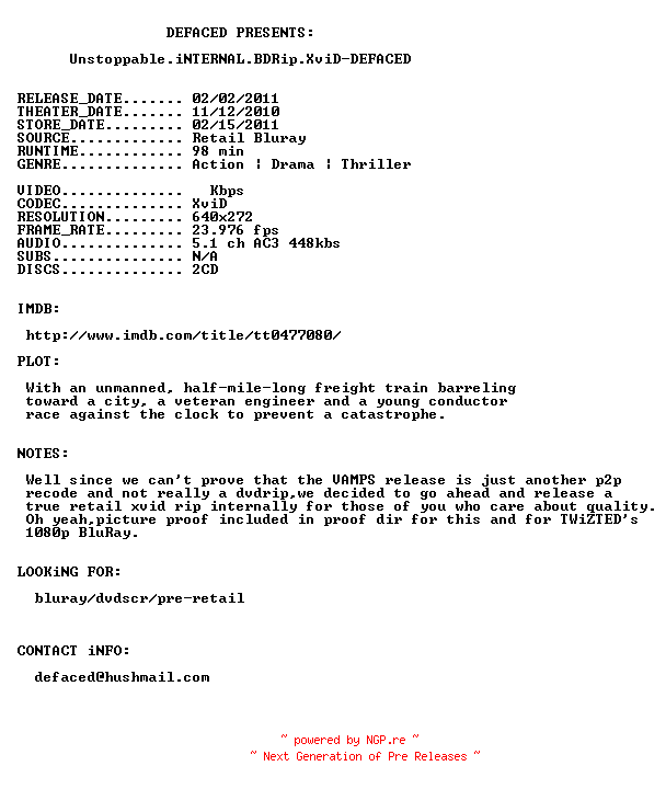 NFO for the release Unstoppable.iNTERNAL.BDRip.XviD-DEFACED by DEFACED