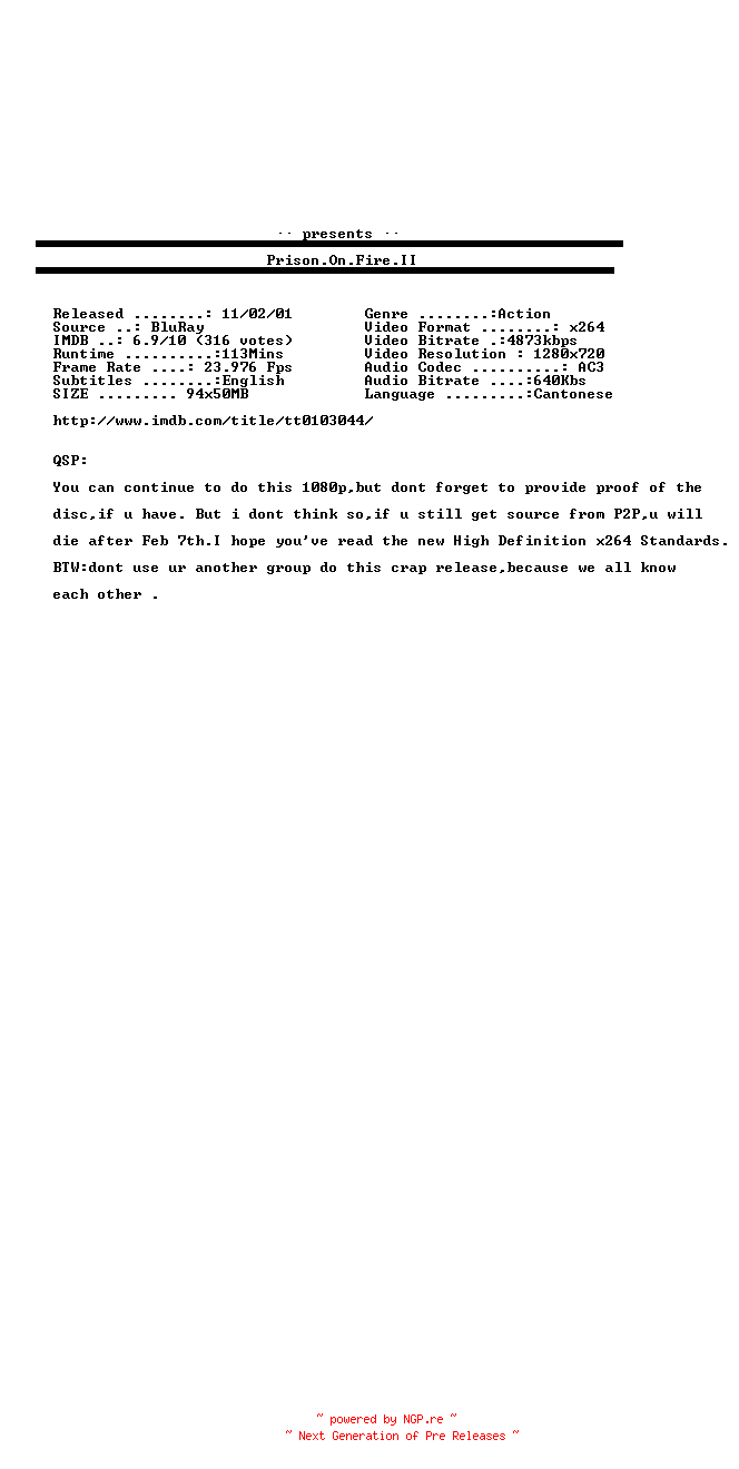 NFO for the release Prison.On.Fire.II.READNFO.1991.720p.BluRay.x264-aBD by aBD