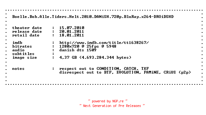 NFO for the release Boelle.Bob.Alle.Tiders.Helt.2010.DANiSH.720p.BluRay.x264-DROiDSHD by DROiDSHD