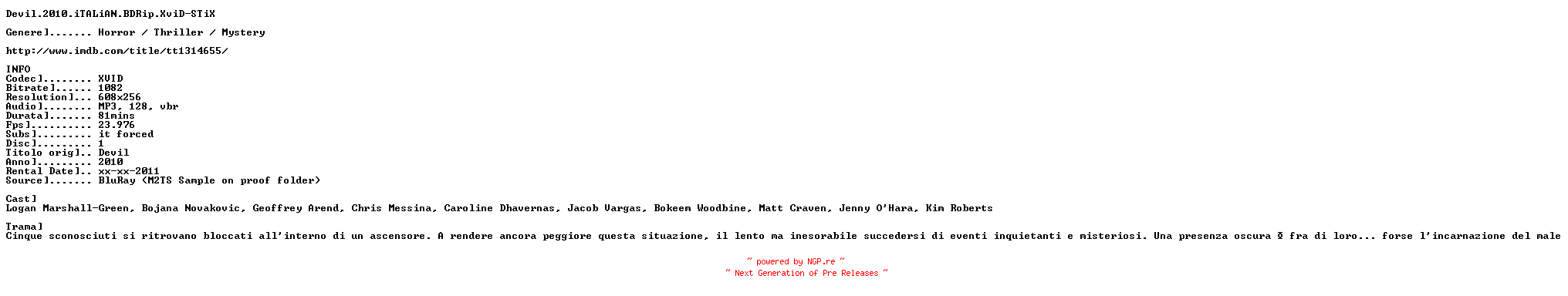 NFO for the release Devil.2010.iTALiAN.BDRip.XviD-STiX by STiX