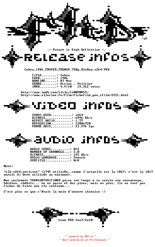 NFO for the release Cobra.1986.PROPER.FRENCH.720p.BluRay.x264-FHD by FHD