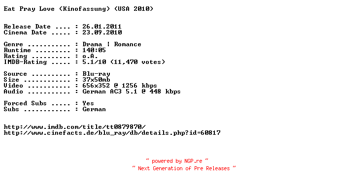 NFO for the release Eat.Pray.Love.Kinofassung.German.AC3.BDRip.XviD-EXQUiSiTE by EXQUiSiTE