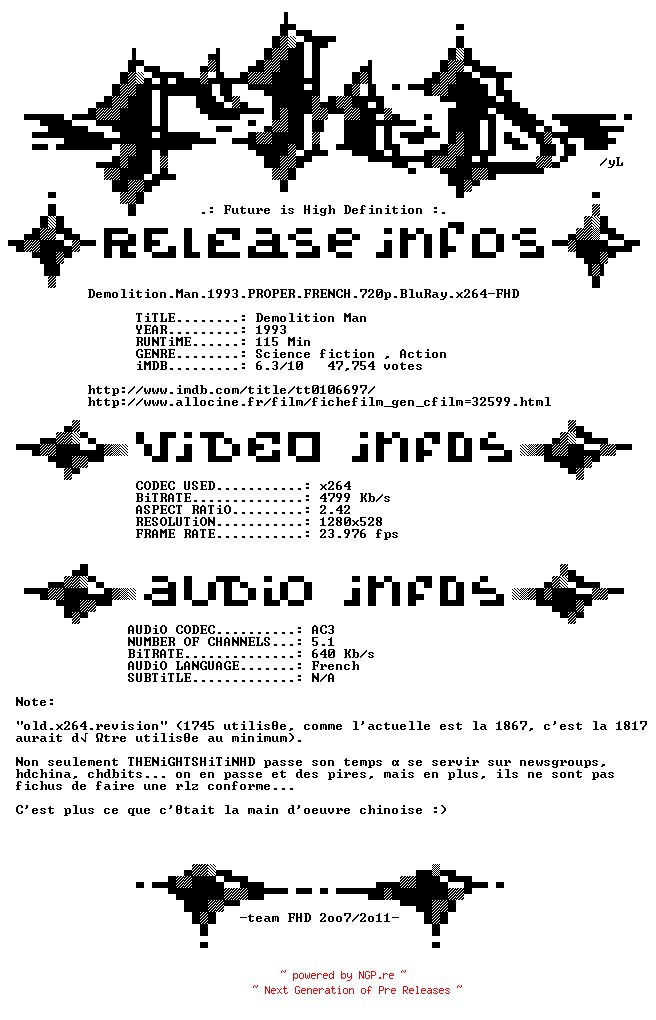 NFO for the release Demolition.Man.1993.PROPER.FRENCH.720p.BluRay.x264-FHD by FHD