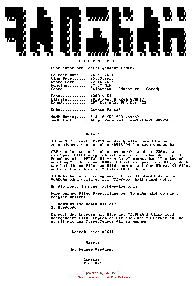 NFO for the release Drachenzaehmen.leicht.gemacht.3D.2010.German.DL.720p.BluRay3D.x264-ANCIENT by ANCIENT