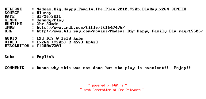 NFO for the release Madeas.Big.Happy.Family.The.Play.2010.720p.BluRay.x264-SEMTEX by SEMTEX