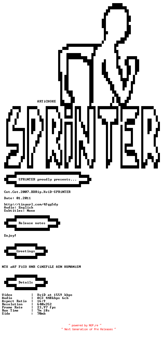 NFO for the release Cot.Cot.2007.BDRip.XviD-SPRiNTER by SPRiNTER