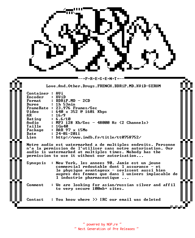 NFO for the release Love.And.Other.Drugs.FRENCH.BDRiP.MD.XViD-SERUM by SERUM