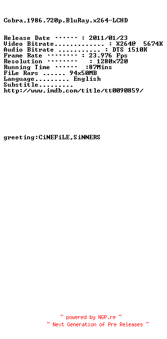 NFO for the release Cobra.1986.720p.BluRay.x264-LCHD by LCHD