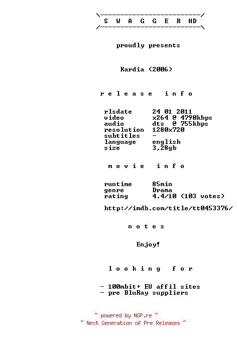 NFO for the release Kardia.2006.720p.BluRay.x264-SWAGGERHD by SWAGGERHD