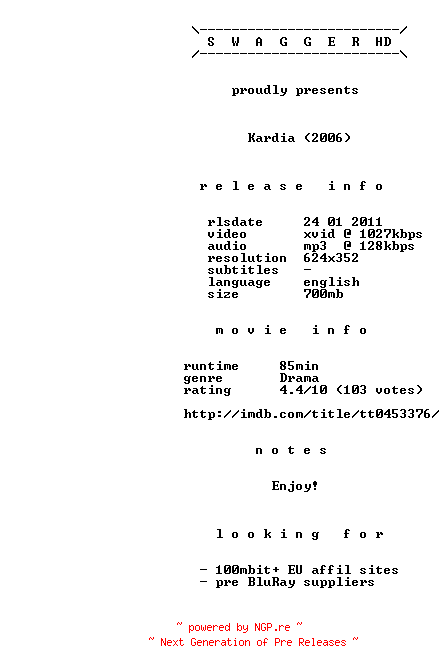 NFO for the release Kardia.2006.BDRip.XviD-SWAGGER by SWAGGER