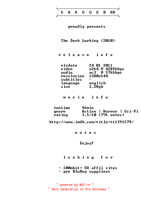 NFO for the release The.Dark.Lurking.2010.720p.BluRay.x264-SWAGGERHD by SWAGGERHD