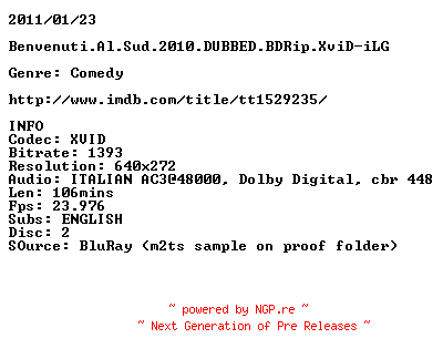 NFO for the release Benvenuti.Al.Sud.2010.DUBBED.BDRip.XviD-iLG by iLG