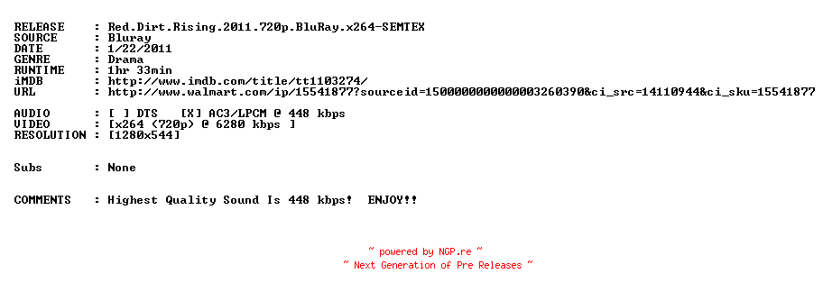 NFO for the release Red.Dirt.Rising.2011.720p.BluRay.x264-SEMTEX by SEMTEX