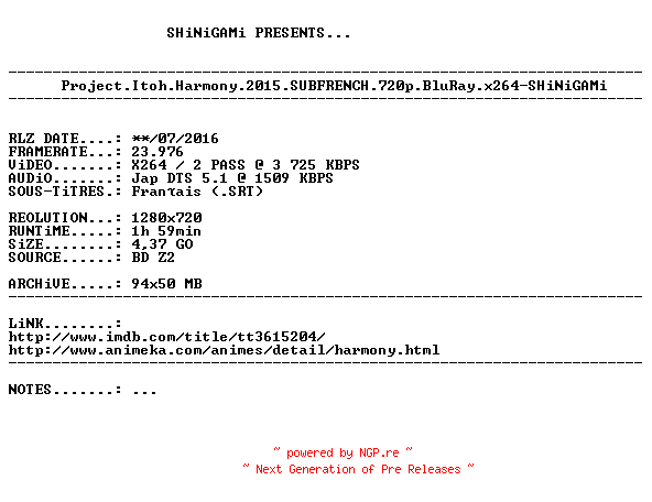 NFO for the release Project.Itoh.Harmony.2015.SUBFRENCH.720p.BluRay.x264-SHiNiGAMi by SHiNiGAMi