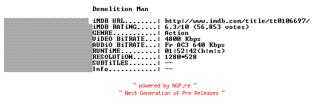 NFO for the release Demolition.Man.1993.FRENCH.720p.BluRay.x264-THENiGHTMAREiNHD by THENiGHTMAREiNHD