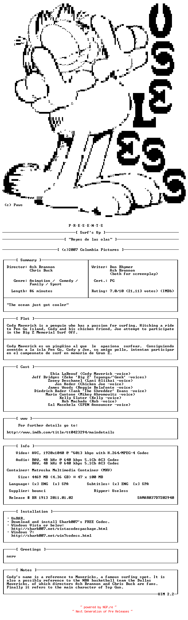 NFO for the release Surfs.Up.BDRip.x264.2007.SP-USL by USL