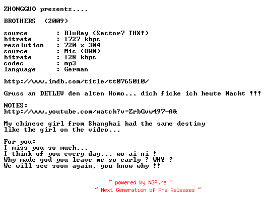 NFO for the release Brothers.BDRip.MD.German.XviD-ZHONGGUO by ZHONGGUO
