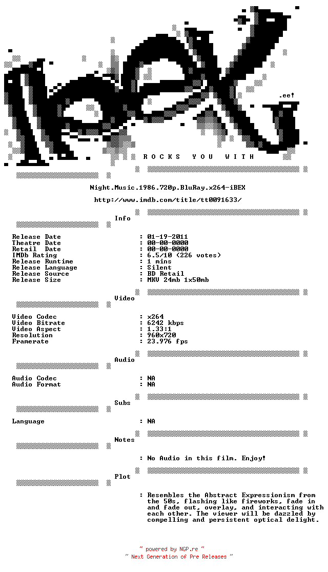 NFO for the release Night.Music.1986.720p.BluRay.x264-iBEX by iBEX