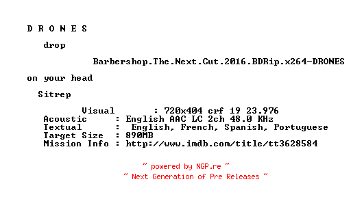 NFO for the release Barbershop.The.Next.Cut.2016.BDRip.x264-DRONES by DRONES