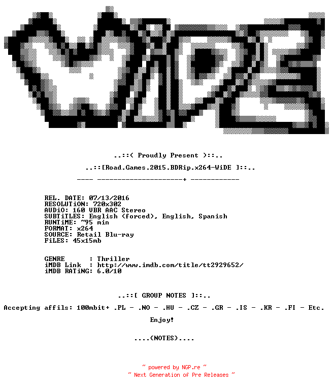 NFO for the release Road.Games.2015.BDRip.x264-WiDE by WiDE
