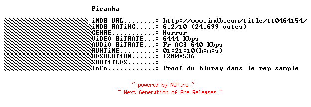 NFO for the release Piranha.2010.FRENCH.720p.BluRay.x264-THENiGHTMAREiNHD by THENiGHTMAREiNHD