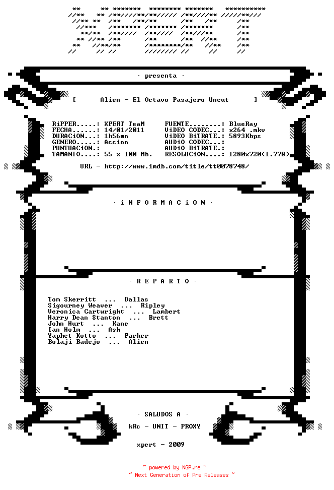NFO for the release Alien.1979.UNCUT.SPANiSH.720p.BluRay.x264-XPERT_HD by XPERT_HD