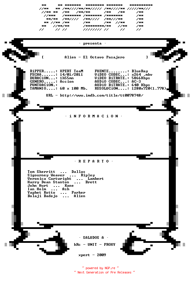 NFO for the release Alien.1979.SPANiSH.720p.BluRay.x264-XPERT_HD by XPERT_HD