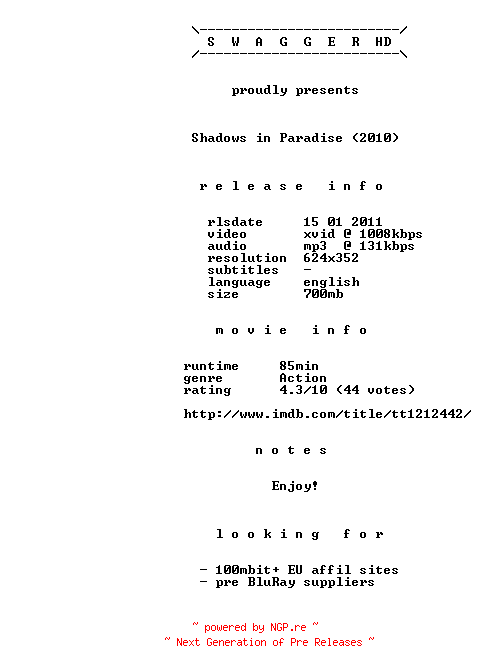 NFO for the release Shadows.in.Paradise.2010.BDRip.XviD-SWAGGER by SWAGGER